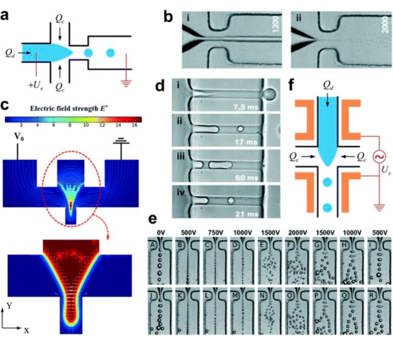 This figure depicts some of the ways electrical fields are used in conjunction with flow channel topography within a microfluidic device to generate microdroplets.